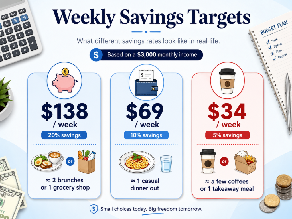 How much should I save if I make $3,000 a month infographic by Six Brothers Removalists with weekly savings buckets