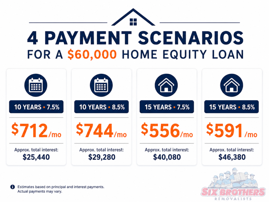 Infographic showing monthly payment on a 60000 home equity loan scenarios by Six Brothers Removalists