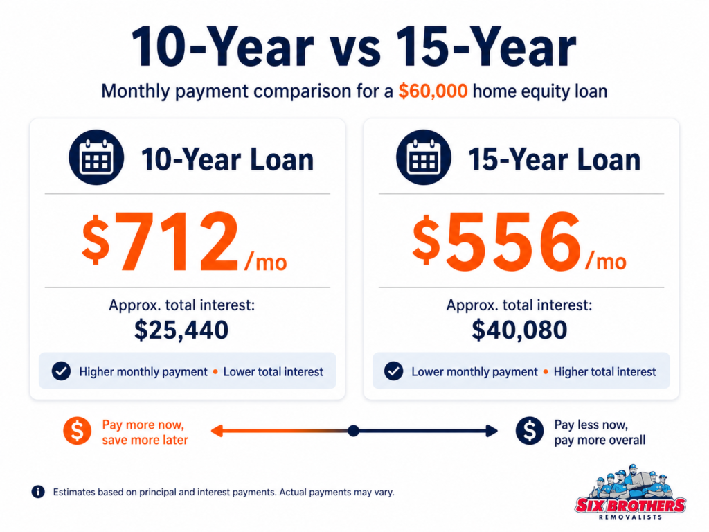 10-year vs 15-year chart for monthly payment on a 60000 home equity loan by Six Brothers Removalists