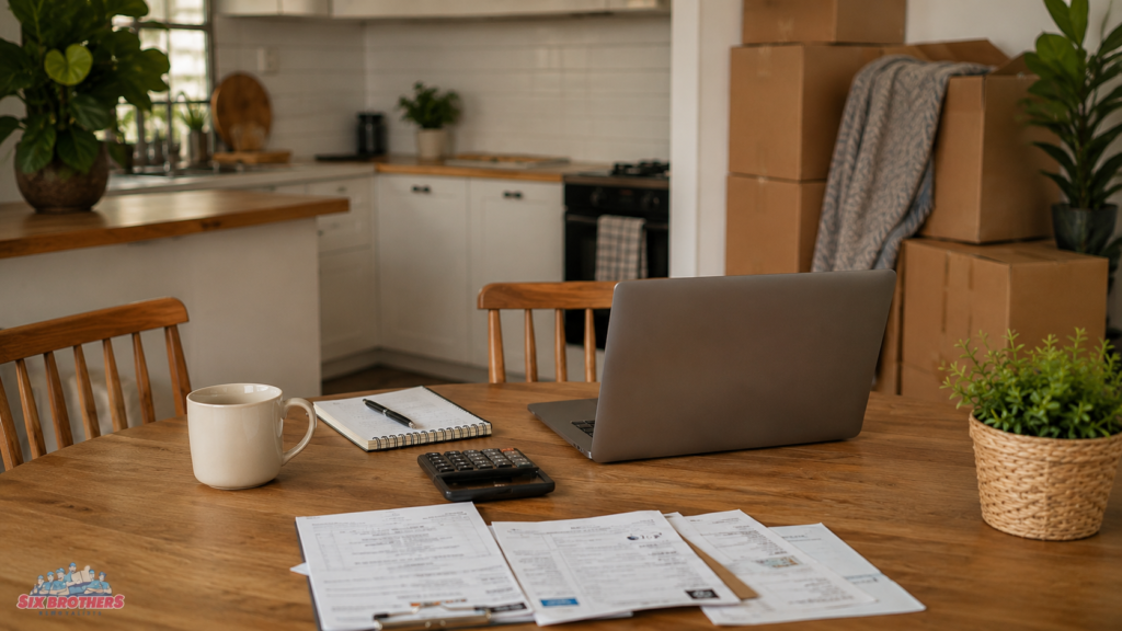 Savings vs borrowing for moving costs image by Six Brothers Removalists with laptop, calculator, and moving boxes