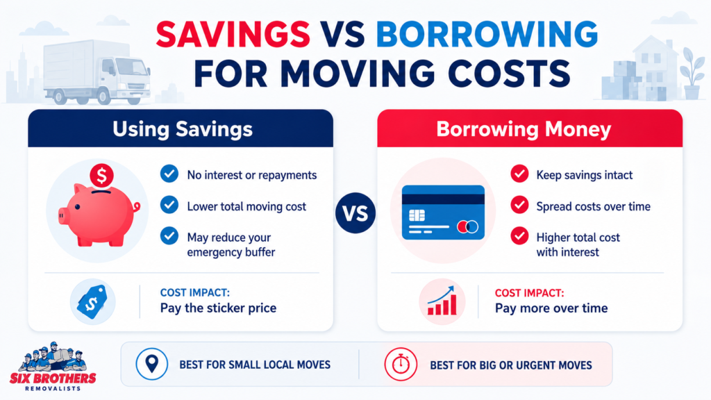 Savings vs borrowing for moving costs infographic by Six Brothers Removalists comparing pros, cons, and cost impact