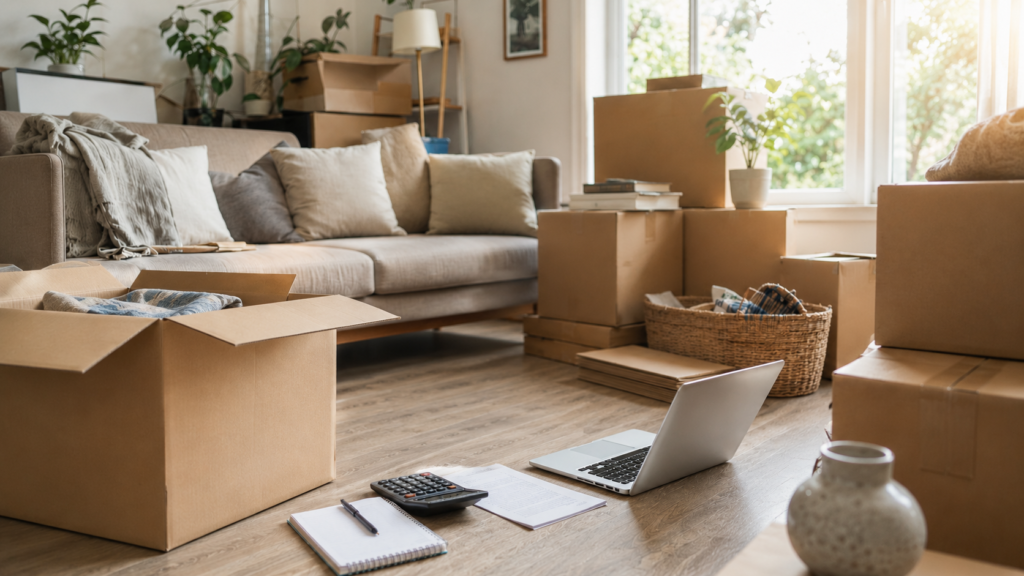 Moving house with low savings by Six Brothers Removalists, showing boxes, laptop, calculator and moving plan