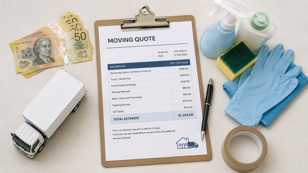 Moving house with low savings image by Six Brothers Removalists with quote, cash, truck and cleaning costs