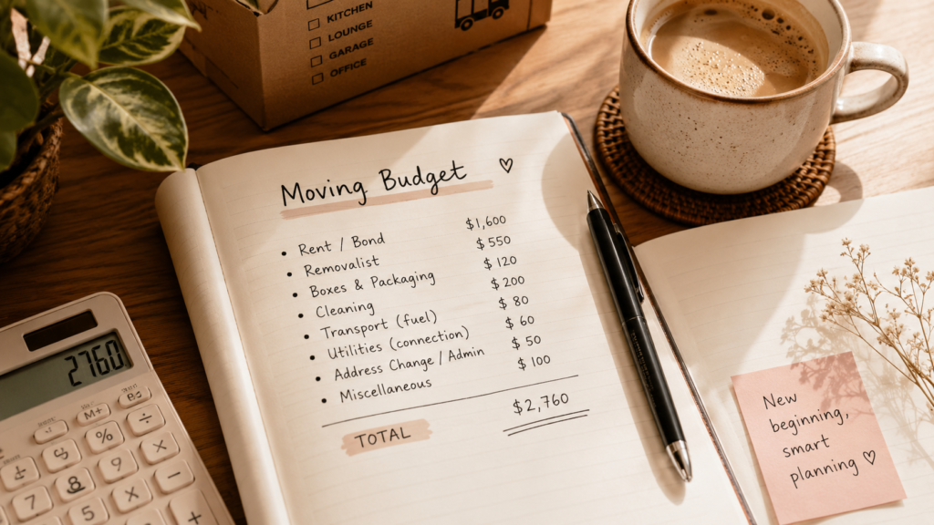 Moving house with low savings planner by Six Brothers Removalists with notebook, coffee, pen and budget notes