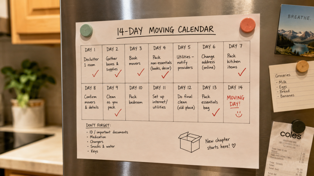 Moving house with low savings calendar by Six Brothers Removalists showing fridge checklist and red ticks