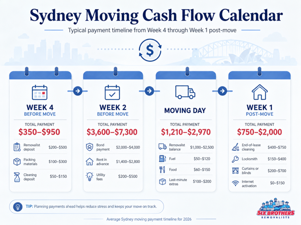 Sydney moving cash flow calendar with payment timeline