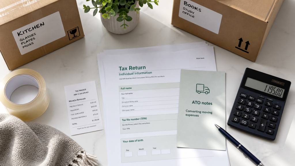 Claim moving expenses on tax return cover image by Six Brothers Removalists with boxes, calculator, and tax form