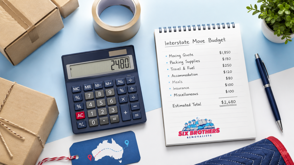 Most cost-effective way to move interstate budgeting flat lay by Six Brothers Removalists with calculator and boxes