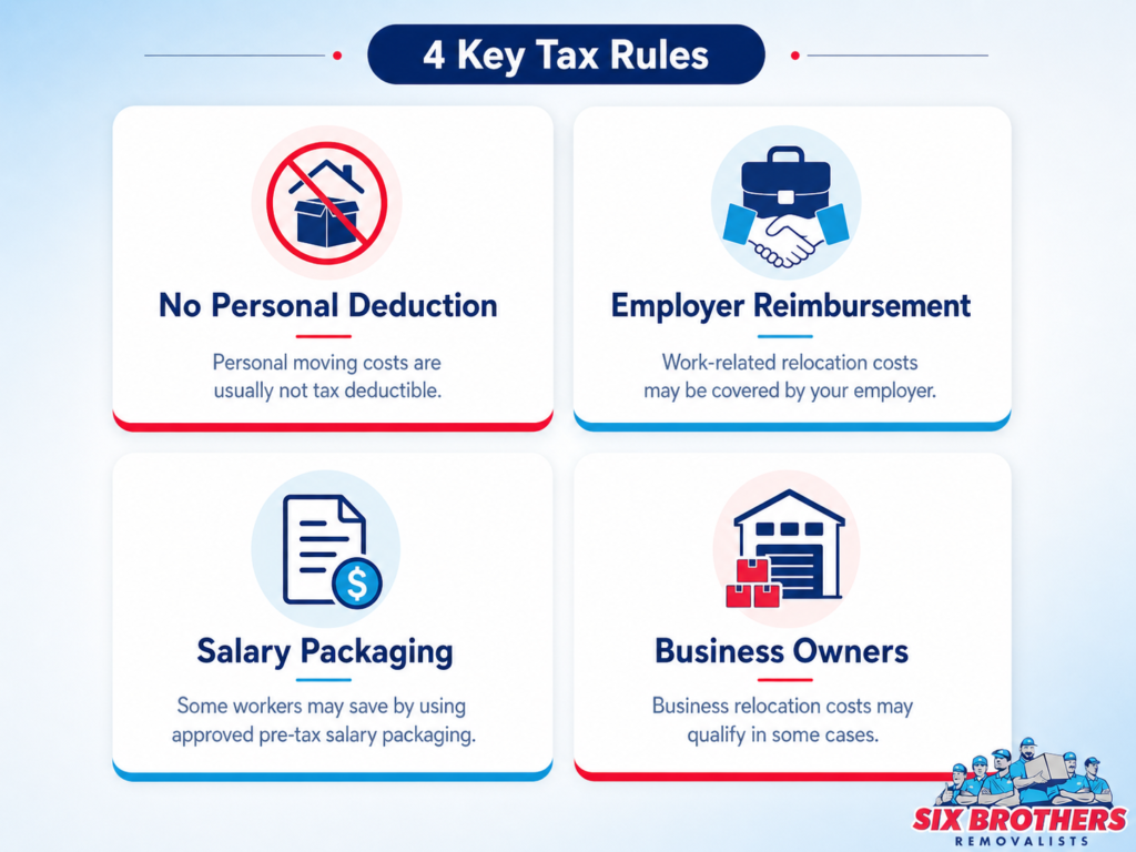 Claim moving expenses on tax Australia graphic by Six Brothers Removalists showing four key tax rules