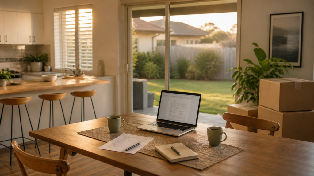 Moving for a new job tax benefits image by Six Brothers Removalists showing laptop, job offer letter and moving boxes