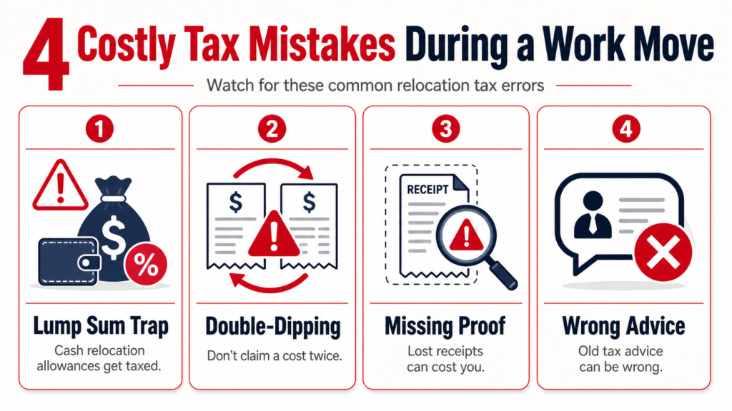 Moving for a new job tax benefits infographic by Six Brothers Removalists showing four costly tax mistakes