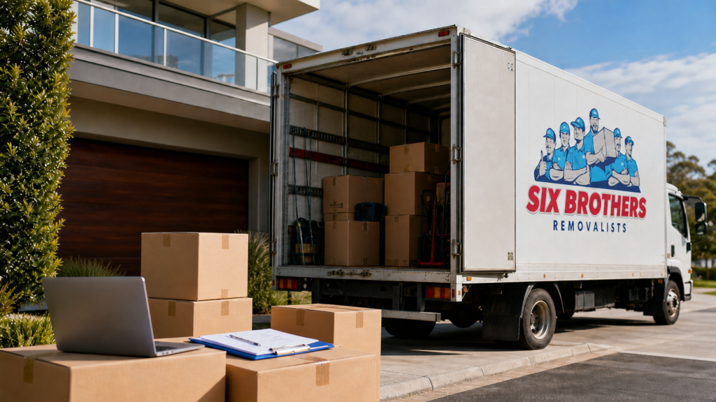 Work-related relocation moving costs cover image showing a Six Brothers Removalists truck, boxes, laptop, and paperwork