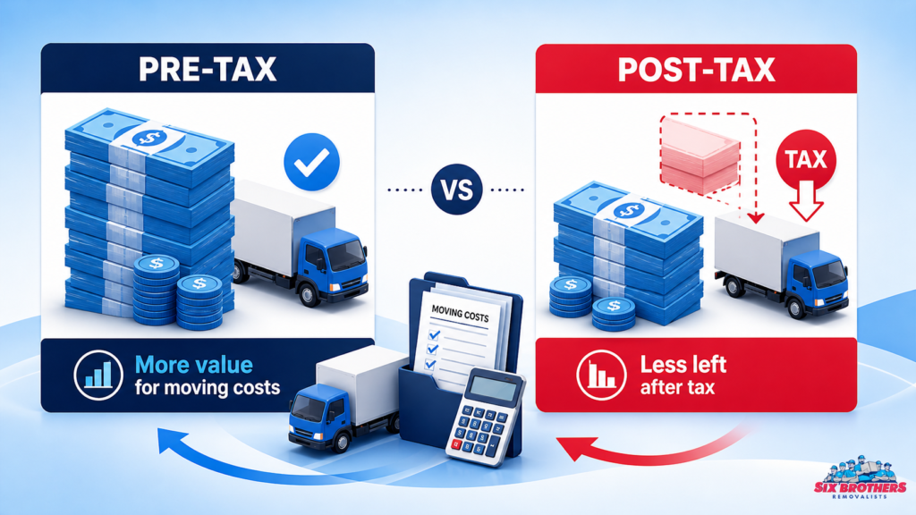 Infographic showing work-related relocation moving costs pre-tax vs post-tax savings by Six Brothers Removalists