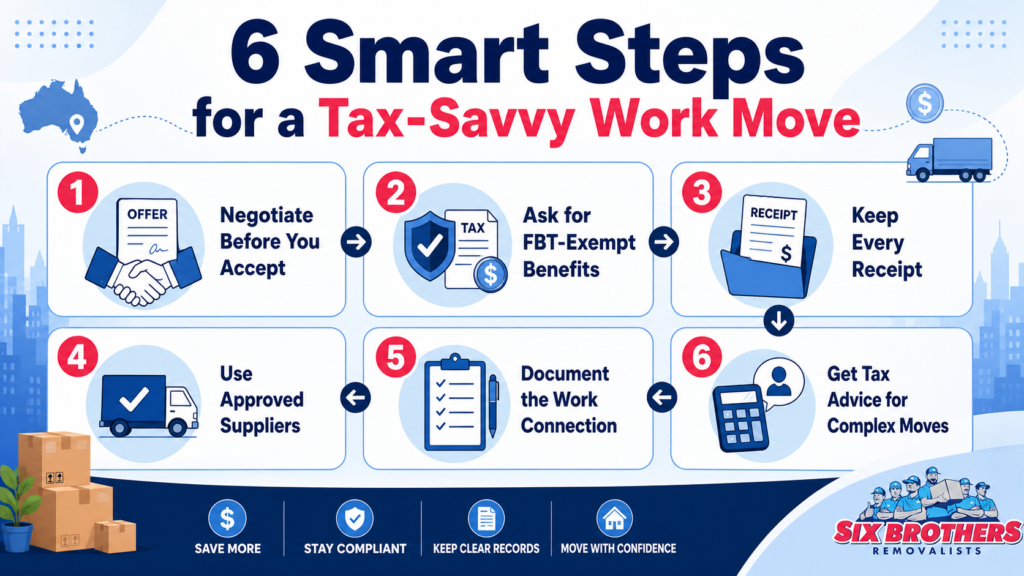 Infographic showing six steps for work-related relocation moving costs by Six Brothers Removalists
