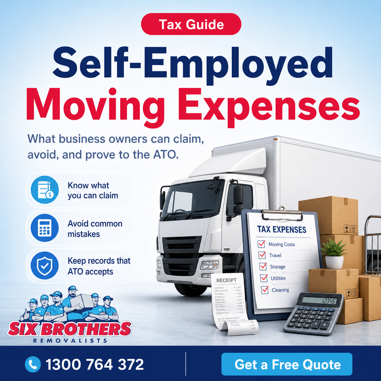 Self-employed moving expenses guide image for Six Brothers Removalists with moving cost and tax claim theme