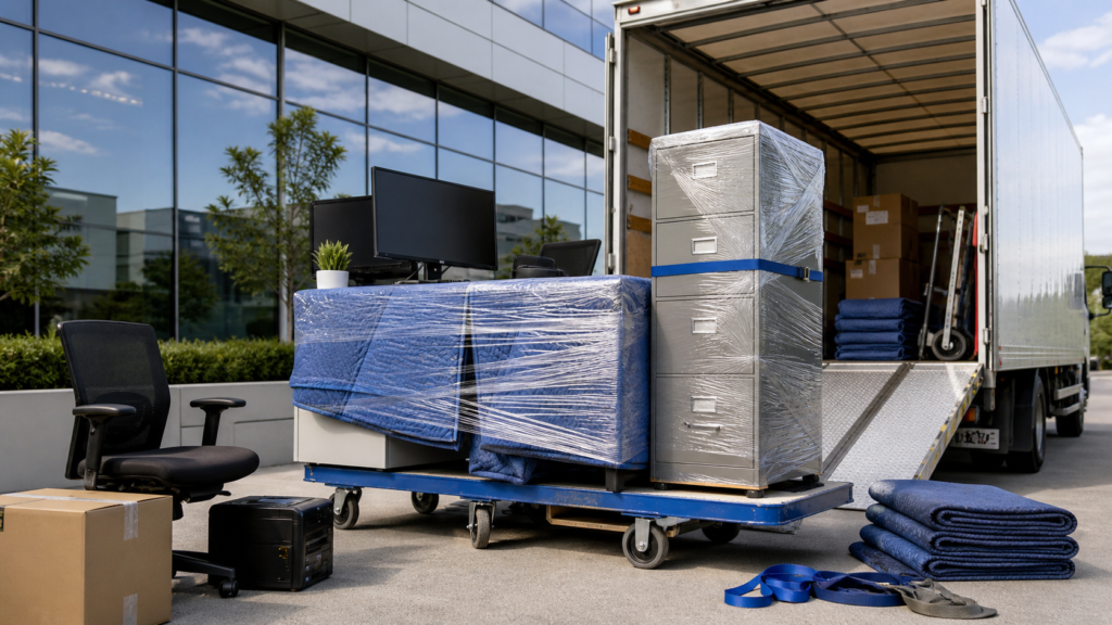 Office gear being wrapped and loaded for self-employed moving expenses content by Six Brothers Removalists