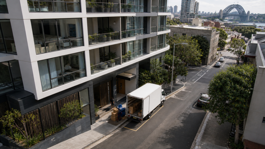Sydney apartment building with removalist van in loading zone for self-employed moving expenses by Six Brothers Removalists