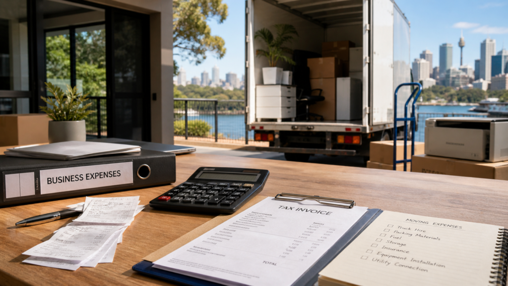 Self-employed moving expenses cover image by Six Brothers Removalists with truck, receipts, tax invoice, and calculator