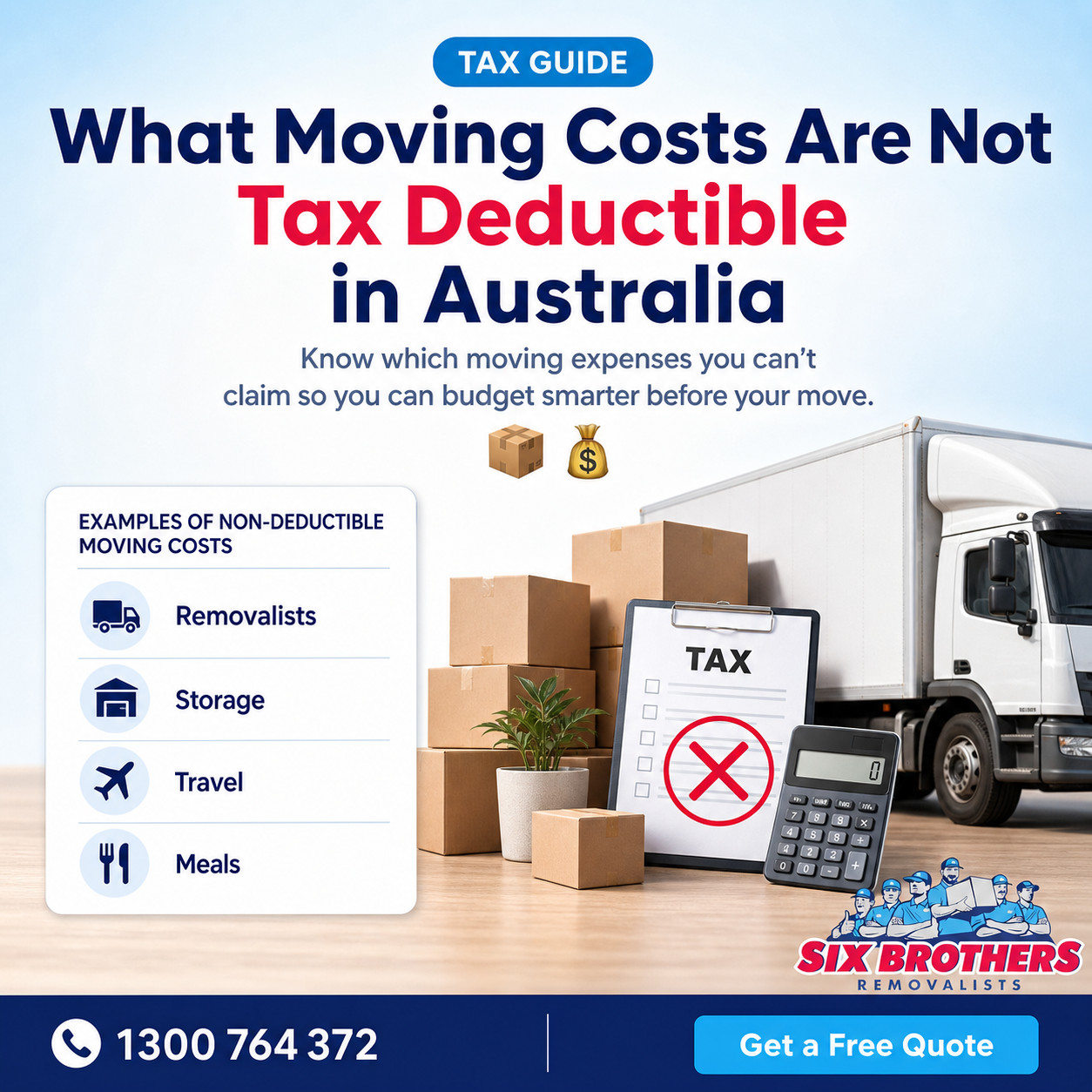 Six Brothers Removalists graphic explaining moving costs not tax deductible Australia with tax and moving icons