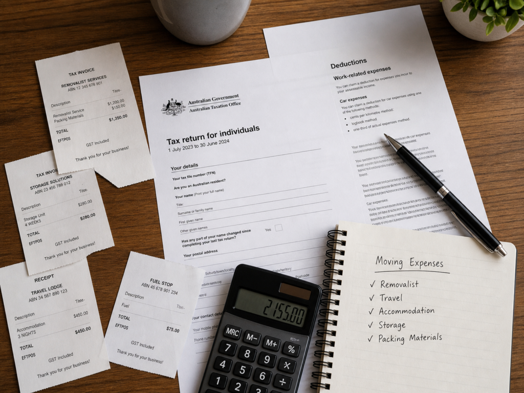 Six Brothers Removalists image showing receipts and ATO paperwork about moving costs not tax deductible Australia