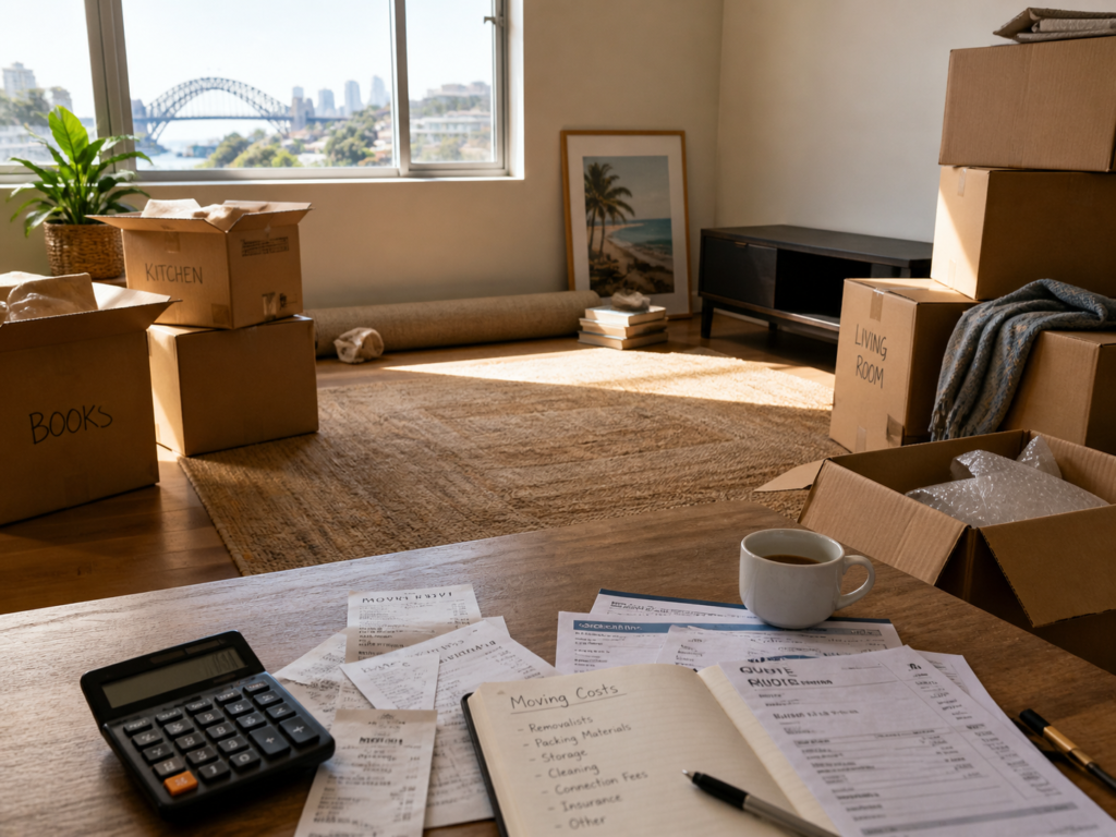Six Brothers Removalists cover image showing moving boxes, receipts and calculator for moving costs not tax deductible Australia