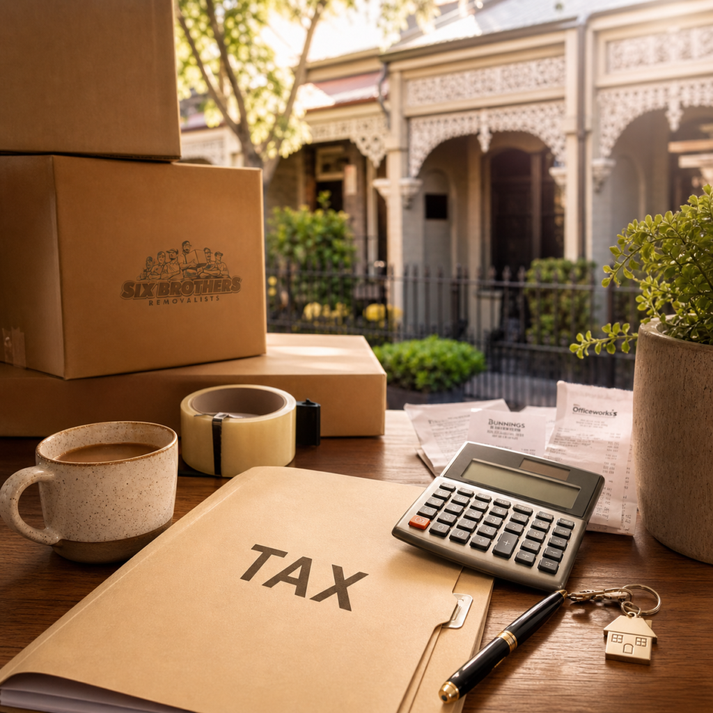 Six Brothers Removalists cover image with TAX folder, boxes and calculator to maximise tax return after moving house.
