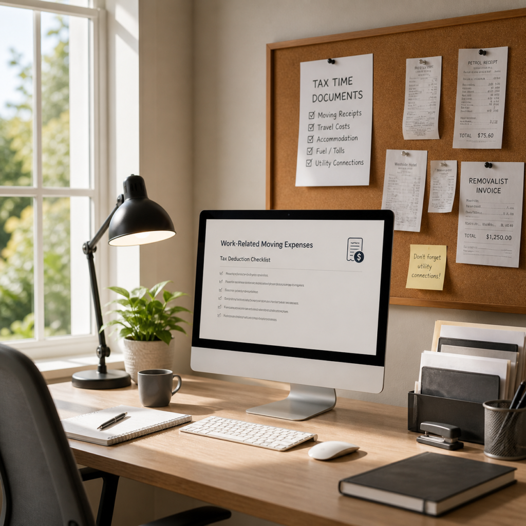Six Brothers Removalists home office image showing receipts and desk setup to maximise tax return after moving house.