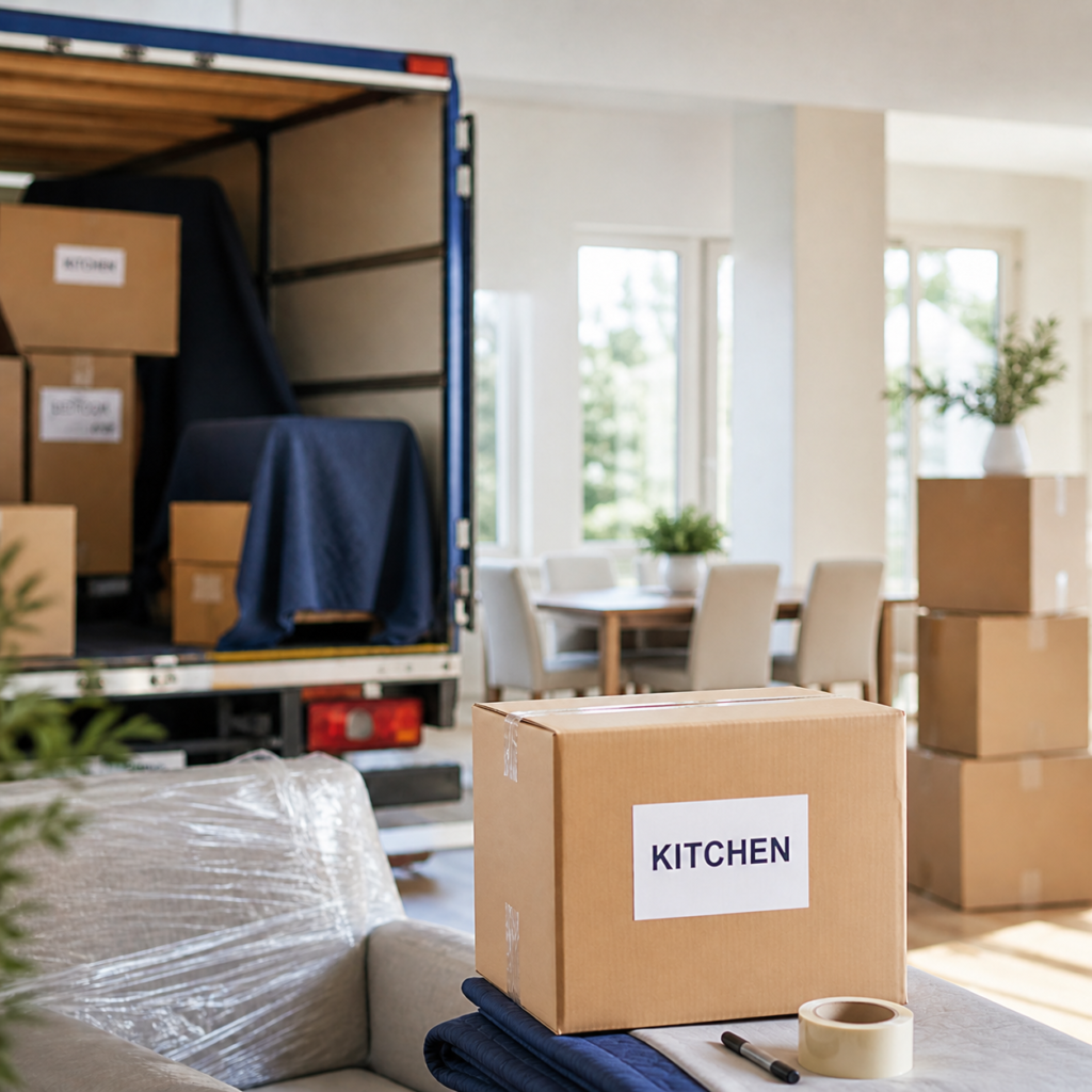 Six Brothers Removalists labelled moving boxes scene to maximise tax return after moving house with tidy records.