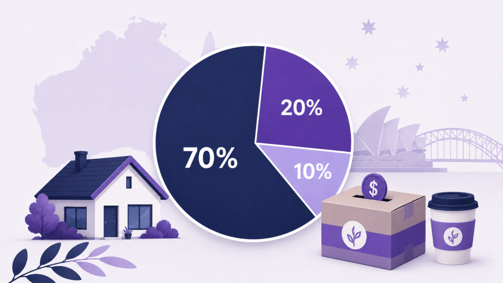 What is the 70 20 10 rule money guide by Six Brothers Removalists with pie chart, box bank, house and coffee cup