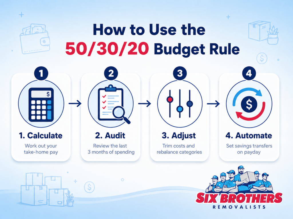 What is the 50 30 20 rule step-by-step flowchart by Six Brothers Removalists showing calculate, audit, adjust, automate