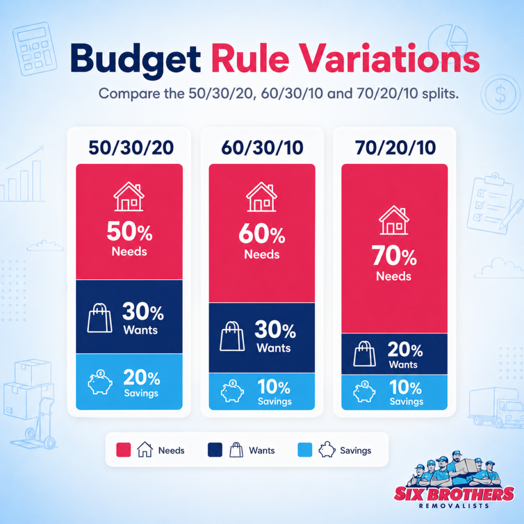 What is the 50 30 20 rule comparison chart by Six Brothers Removalists showing 50/30/20, 60/30/10 and 70/20/10