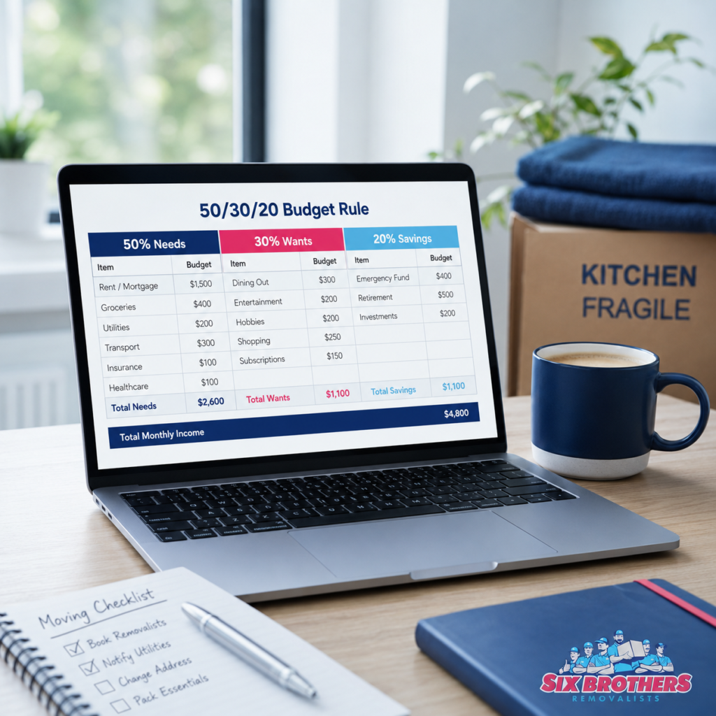 What is the 50 30 20 rule spreadsheet template by Six Brothers Removalists on a laptop with moving checklist