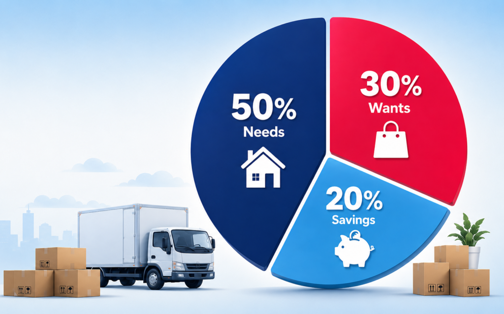 What is the 50 30 20 rule landscape cover image by Six Brothers Removalists with a pie chart and moving truck