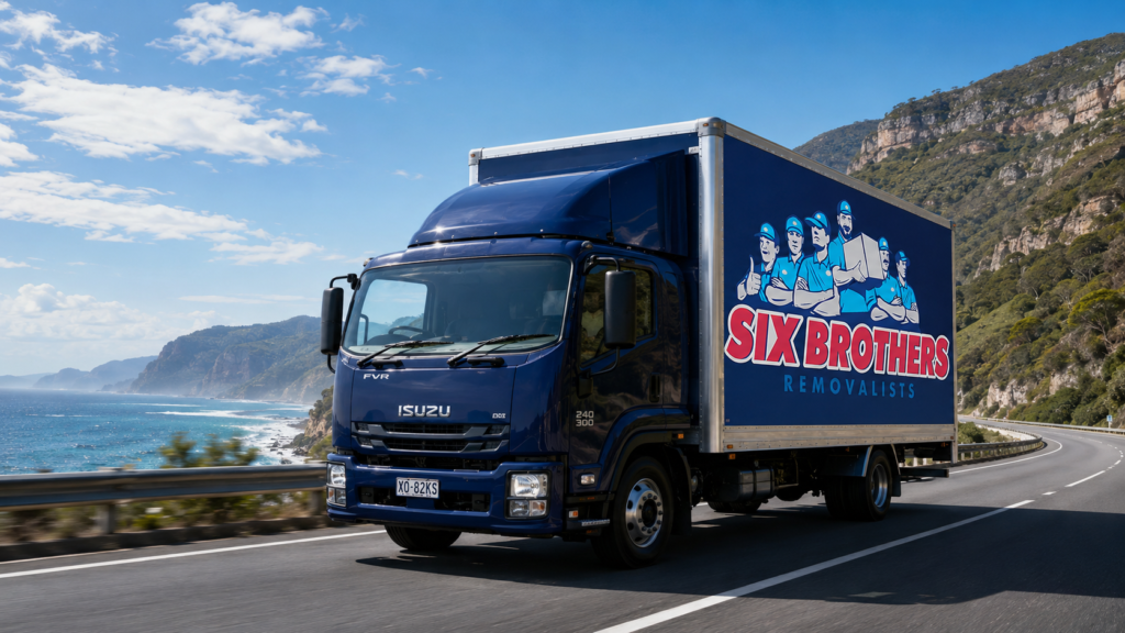 Six Brothers Removalists truck on Pacific Motorway for average price of local interstate movers guide.
