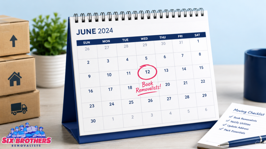 Cheapest day to interstate move booking calendar by Six Brothers Removalists with a date circled 6 weeks ahead
