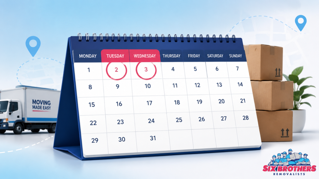 Cheapest day to interstate move calendar graphic by Six Brothers Removalists with Tuesday and Wednesday circled