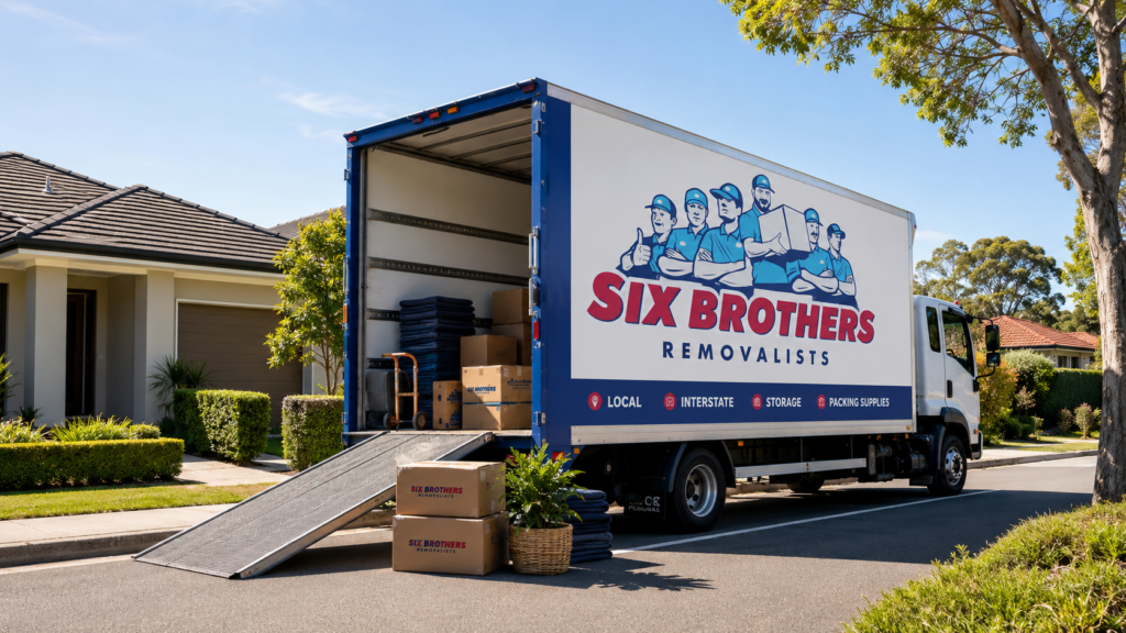 Cheapest day to interstate move cover image by Six Brothers Removalists showing branded truck on a suburban street