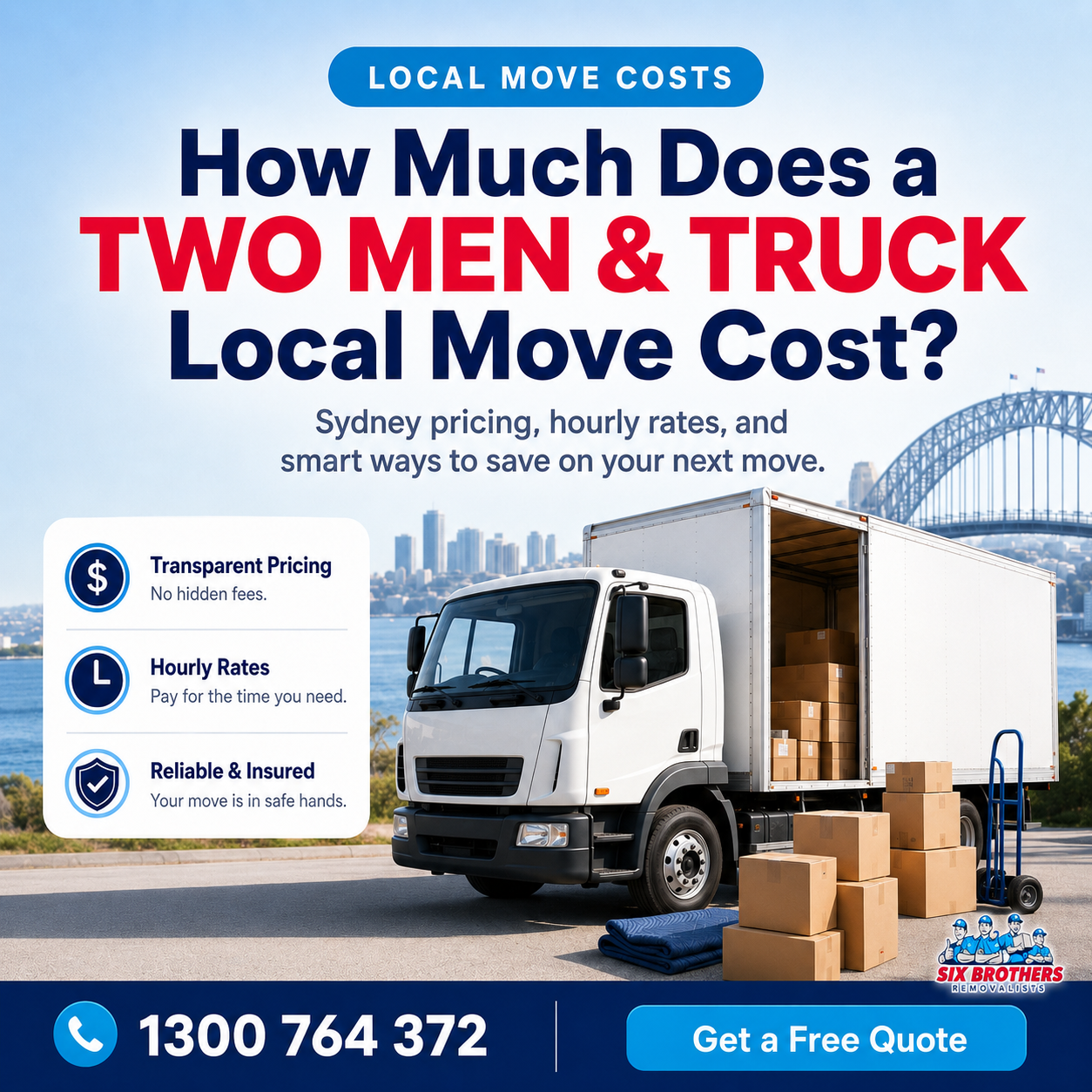 Six Brothers Removalists image explaining how much do two men and a truck charge for a local move in Sydney