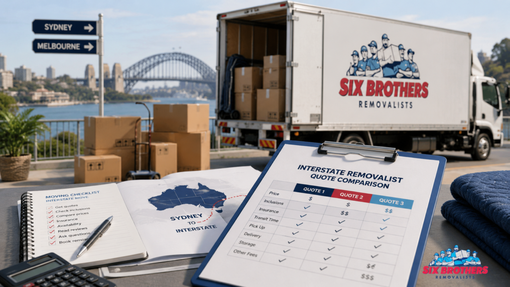 How to compare interstate removalist quotes cover image by Six Brothers Removalists with truck and checklist