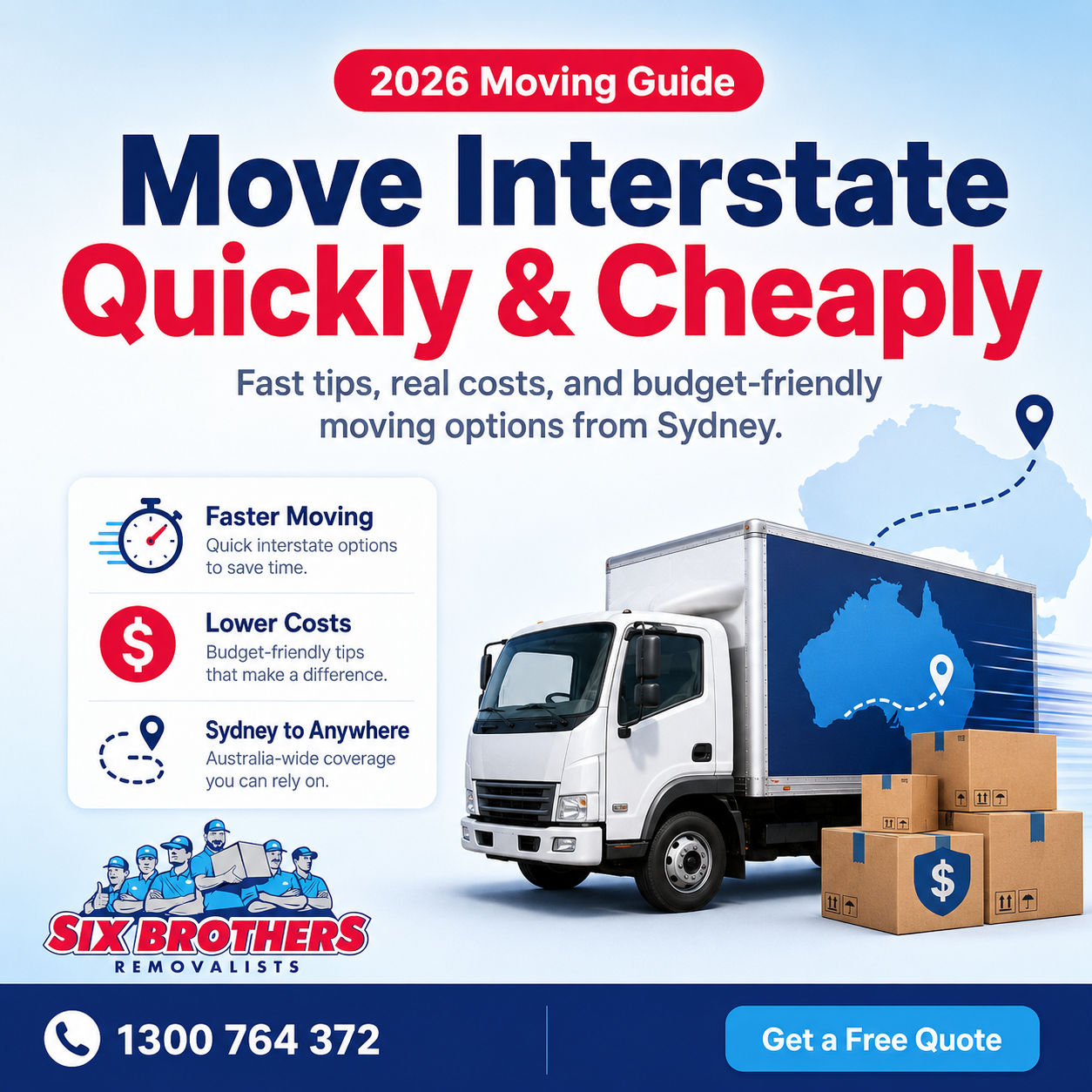 How to move interstate quickly and cheaply with Six Brothers Removalists truck, boxes, and quote CTA