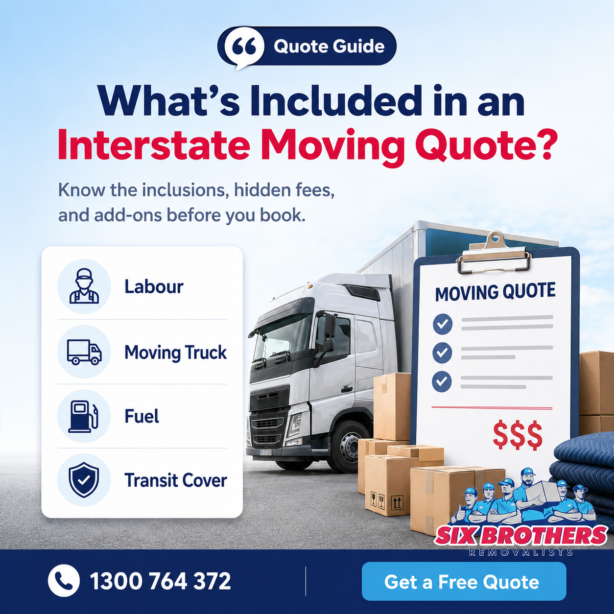 Interstate moving quote guide by Six Brothers Removalists showing truck, checklist, boxes and free quote CTA