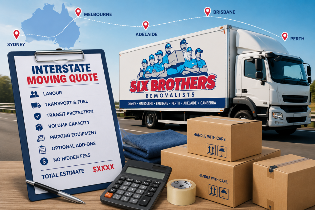 Interstate moving quote checklist with Six Brothers Removalists truck, boxes, calculator and route map