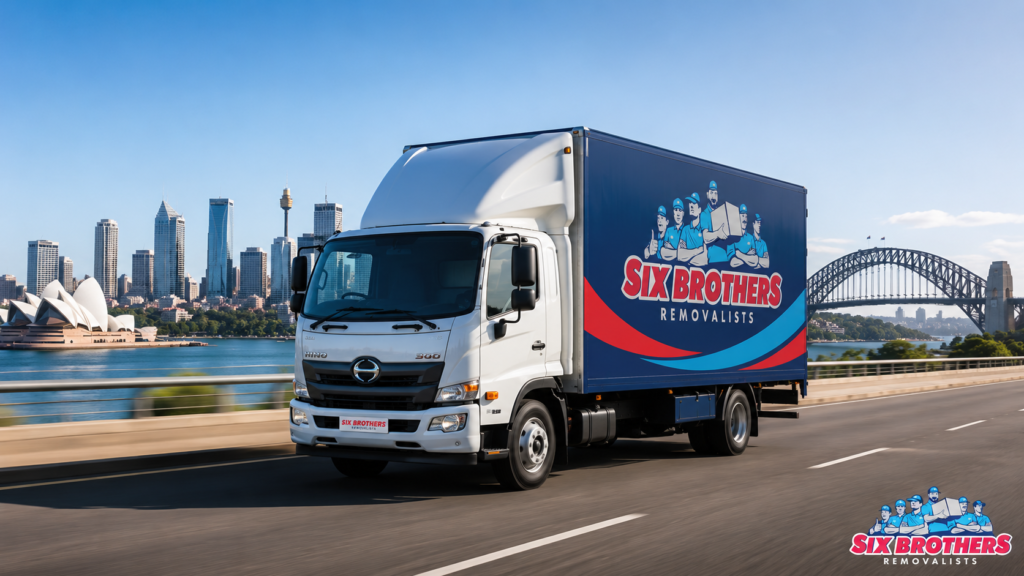 How to move interstate quickly and cheaply cover image by Six Brothers Removalists with truck and Sydney skyline
