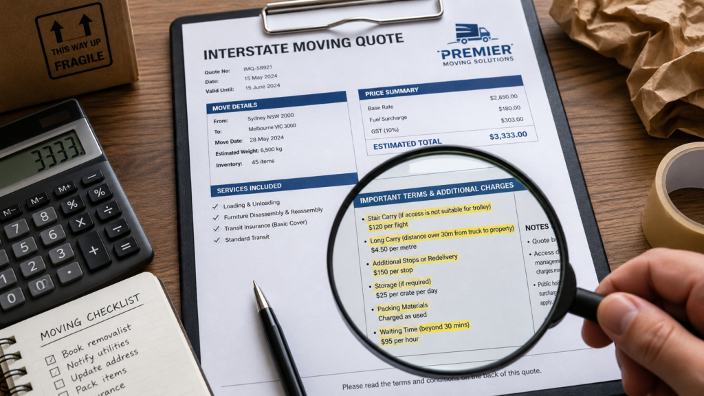 Interstate moving quote fine print under magnifying glass with invoice review by Six Brothers Removalists