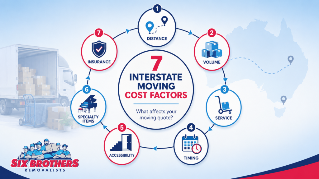 Interstate moving prices Australia infographic by Six Brothers Removalists showing 7 key cost factors