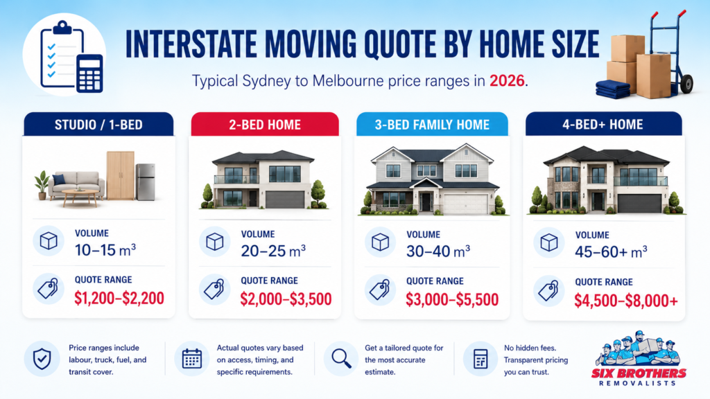 Interstate moving quote by home size from Six Brothers Removalists showing volume and price ranges
