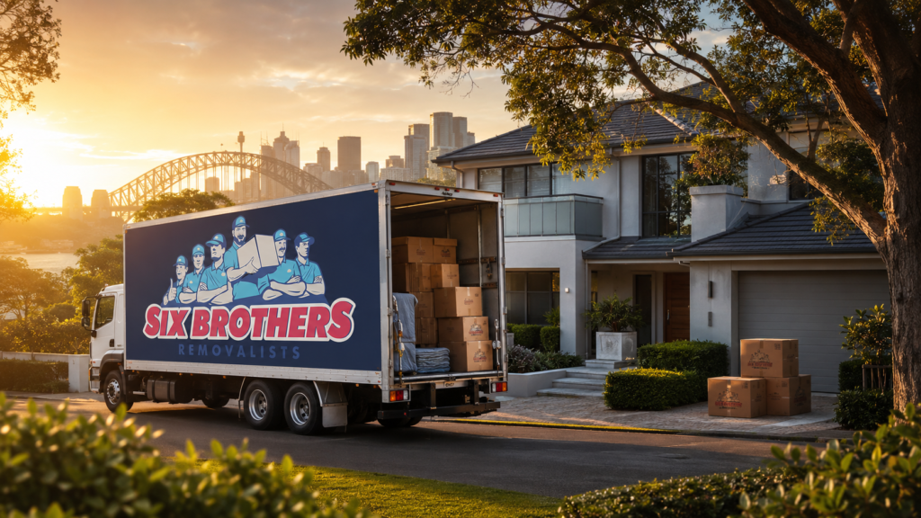 Interstate moving prices Australia cover image by Six Brothers Removalists showing a branded truck at sunrise