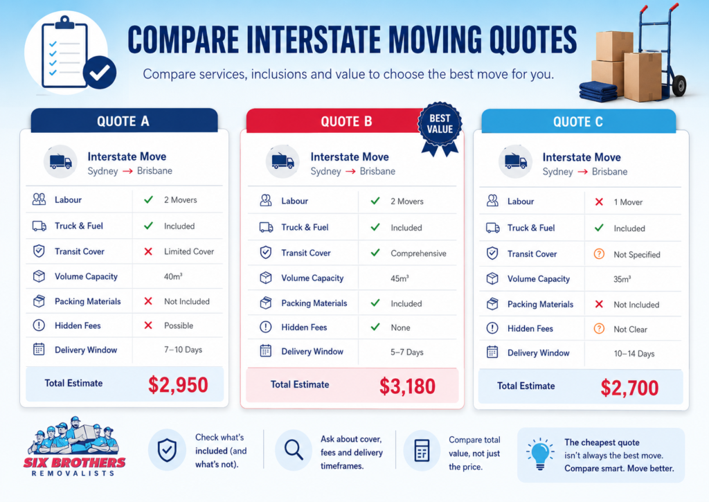Interstate moving quote comparison graphic by Six Brothers Removalists showing three sample quotes and checklist items