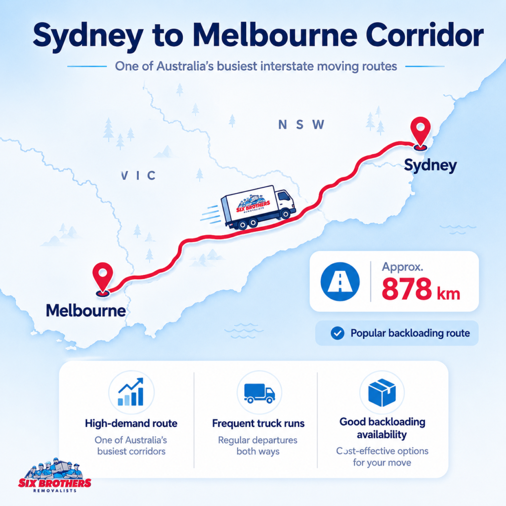 Average price of local interstate movers route map from Sydney to Melbourne by Six Brothers Removalists.