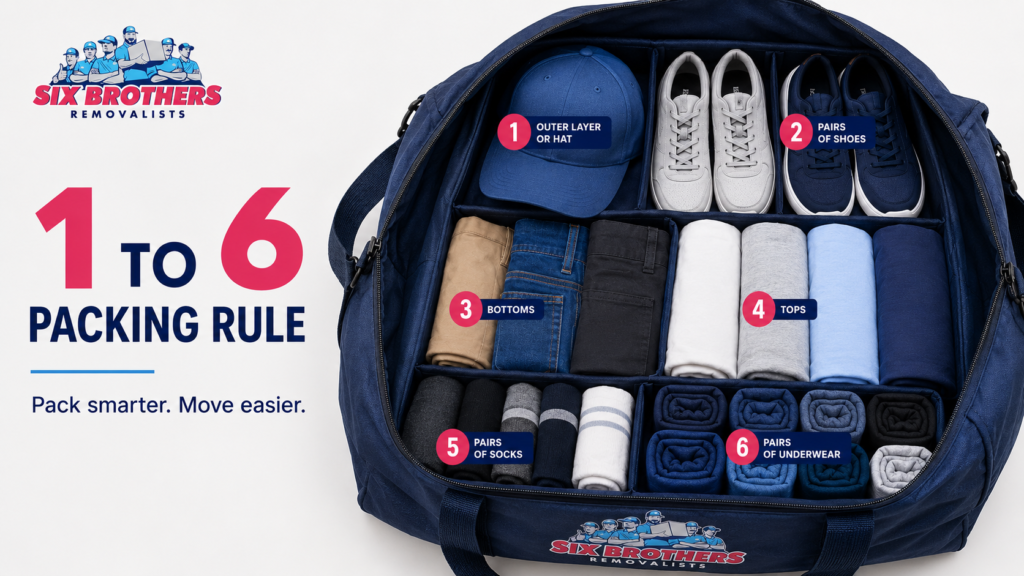 1 to 6 packing rule in interstate moving cover image by Six Brothers Removalists with open duffel bag kit